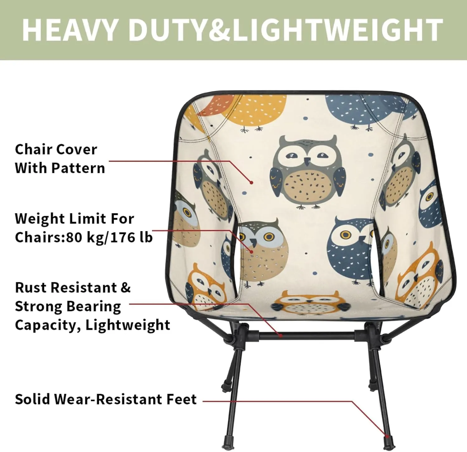 Honeybaby Folding Camping Chair Cartoon Owls Camping Chairs Lightweight Portable Chair Outdoor Foldable Chairs for Camping Travel Picnic Beach Hiking