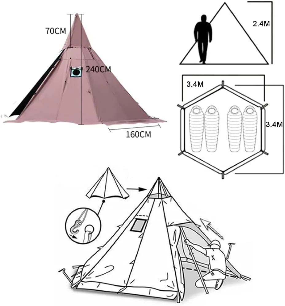 Hot Tent with Stove Jack,4 Season,3-4 Person Outdoor Tipi Tents,Family Teepee Heated Shelter for Camping Backpacking Hunting Fishing Waterproof Wind-Proof