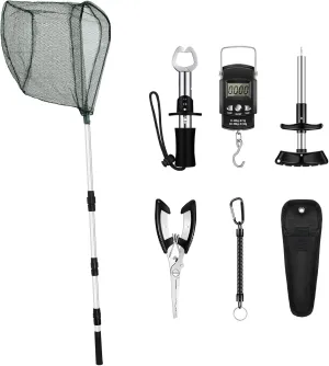 Hungdao 7 Pcs Fishing Gear Equipment Fish Accessories Fishing Tool Kit Include Net, Hook Remover Tool, Digital Scale, Pliers, Lanyard Summer Gifts for Father's Day(51.2 Inches,Black)