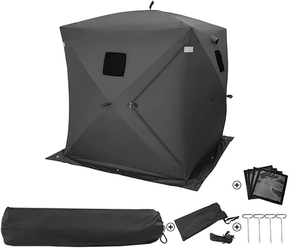 Ice Fishing Shelter 2-3 Persons Portable Ice Fishing Tent Winter Camping Tent Waterproof Windproof with 4 Pieces Tent Pegs and 4 Pieces Wind Rope and Carry Bag, 147X147X165CM, Black
