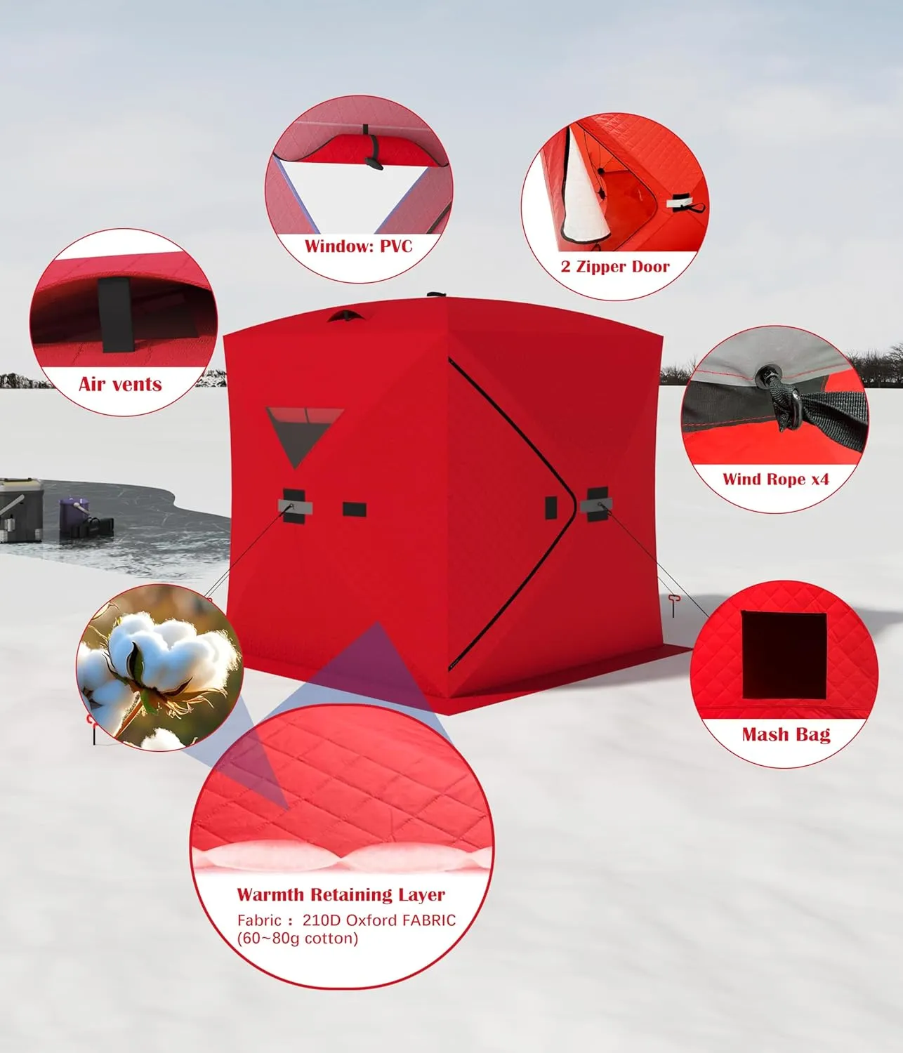 Ice Fishing Tent, Thickening Warmth Retaining Design Pop-Up Portable Hub-Style Ice Fishing Shelter
