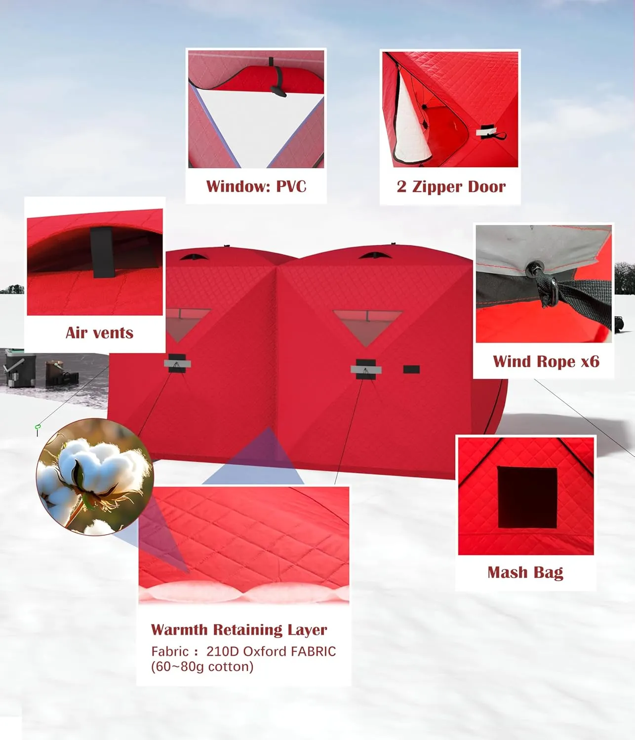 Ice Fishing Tent, Thickening Warmth Retaining Design Pop-Up Portable Hub-Style Ice Fishing Shelter