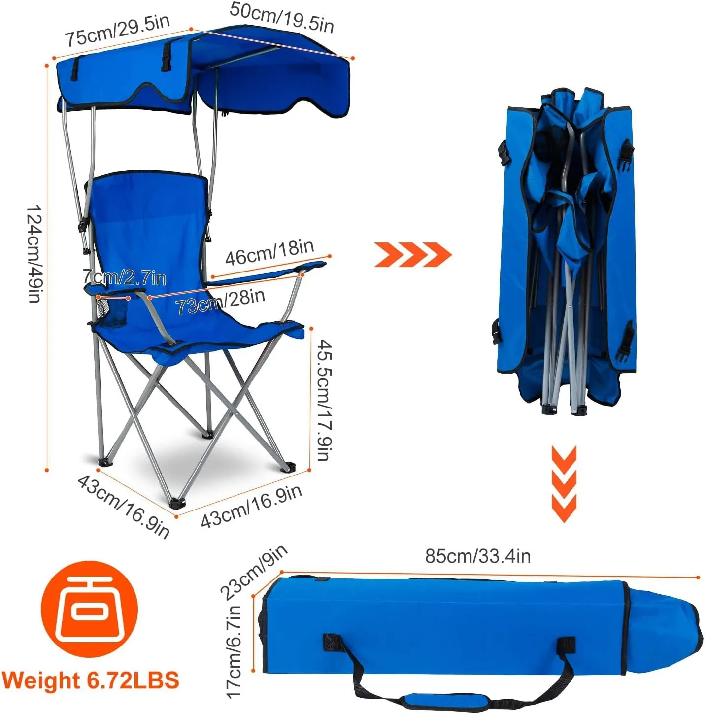 iMounTEK Camping Chair Foldable Canopy Chair with Shade Sun Protection Camping Recliner with Carry Bag Support 330LBS Load Folding Seat with Cup Holder for Fishing/Beach/Poolside/Travel/Picnic