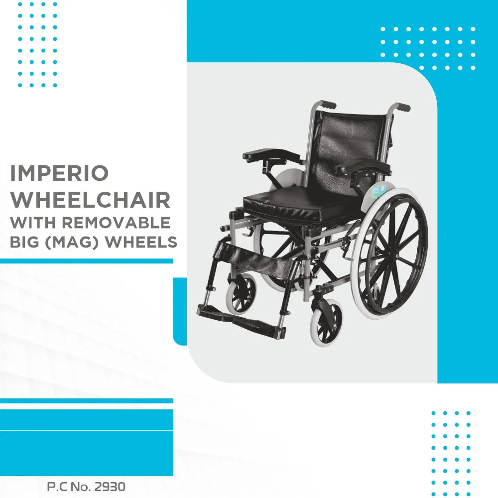 Imperio Wheelchair with Removable Big Wheels (Mag) | Foldable | Swingable Armrest | Weight Bearing Capacity 110kg | Color (Blue/Grey)