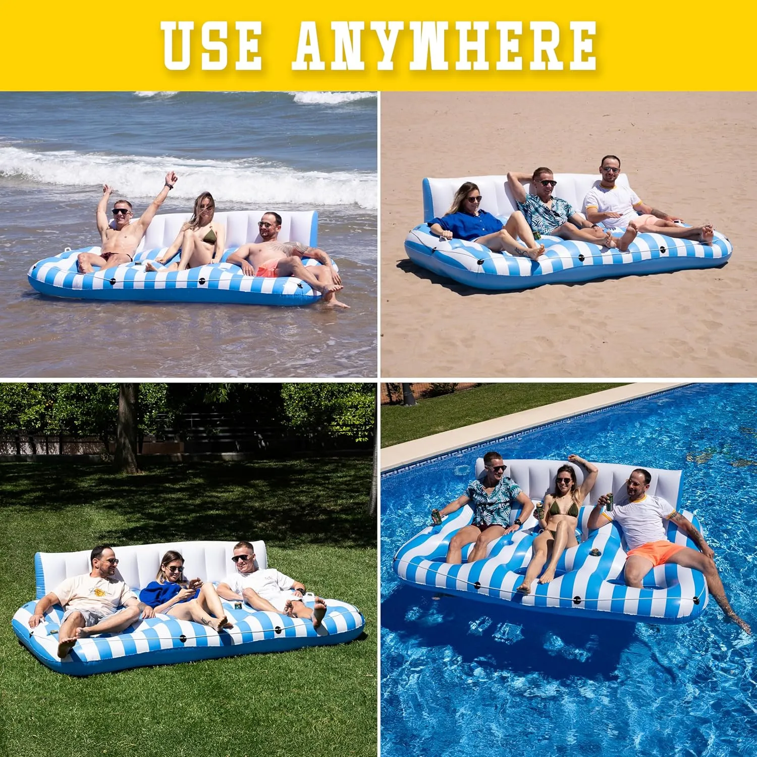 Inflatable Pool Floats Adults, Recliner Luxury Float, 2 or 3 Person, Lounger Chair with Handles, Cup and Phone Holder for Outdoor, Beach, Swimming Pool, Lake, River