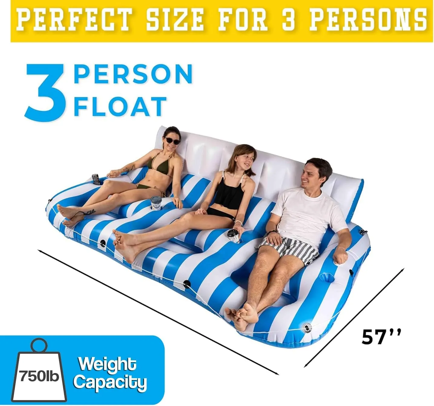 Inflatable Pool Floats Adults, Recliner Luxury Float, 2 or 3 Person, Lounger Chair with Handles, Cup and Phone Holder for Outdoor, Beach, Swimming Pool, Lake, River