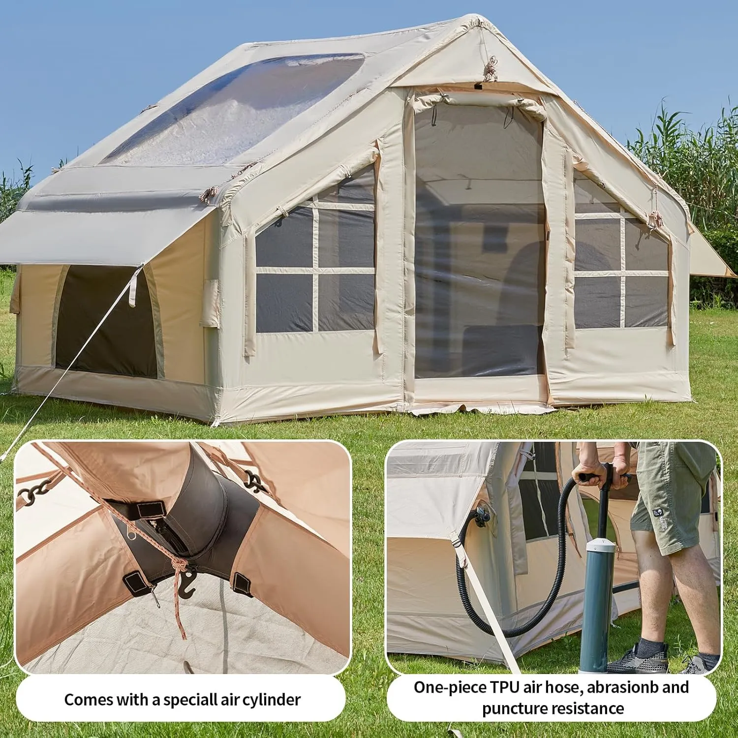 Inflatable Tent with Pump,4-6 Person Instant Glamping Camping Tents House, Easy Setup Blow Up Family Tents for 4 Seasons Waterproof Inflatable Tent for Camping with Mesh Windows.