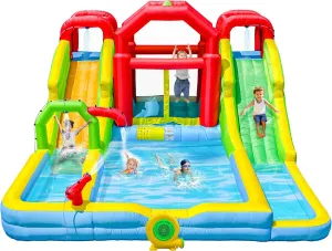 Inflatable Water Double Slides Park with Blower, Shade Tent Bounce House with 2 Climbing Walls, 3 Water Pools, 226x168x98 Inch