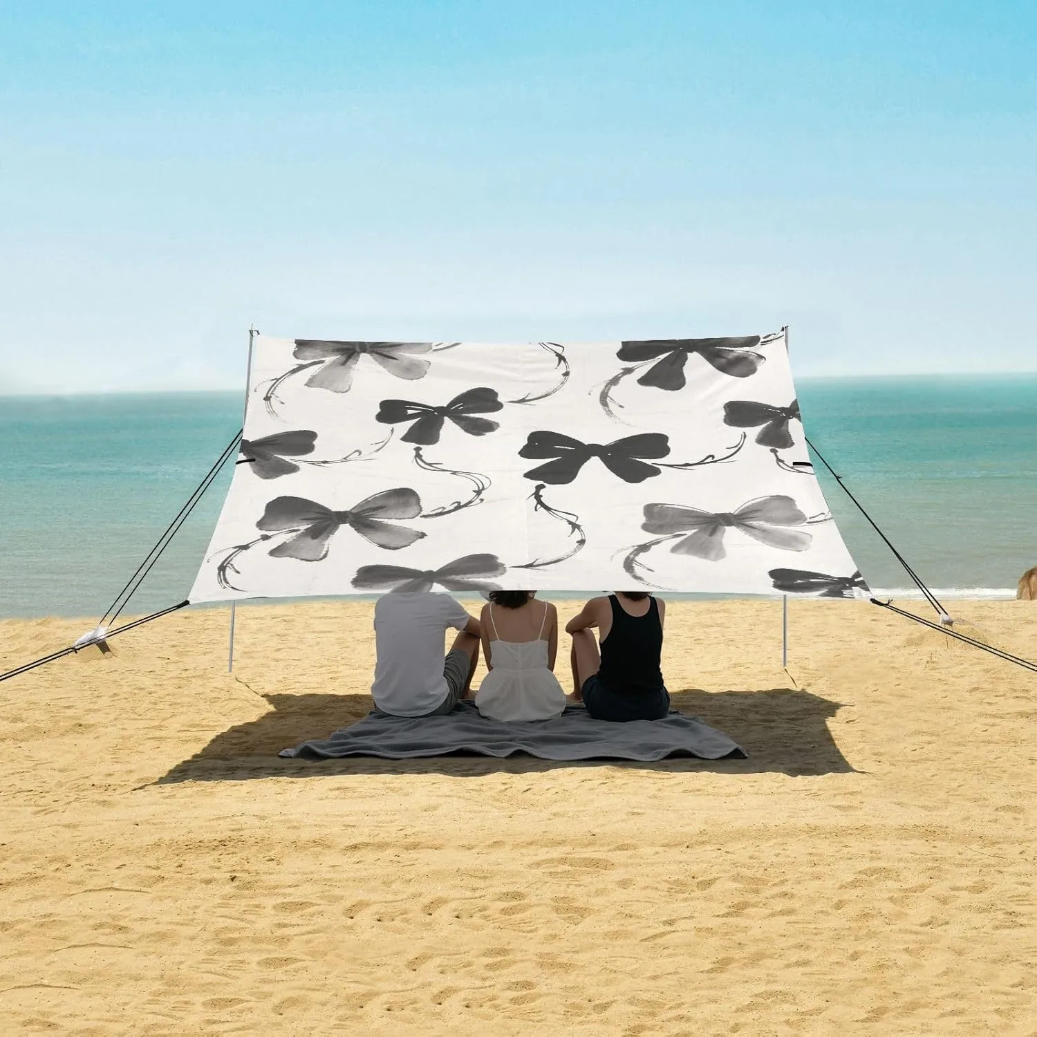 Ink and Wash Bows Beach Canopy Tent Anti-UV & Wind Resistant, Camping Sun Shelter Easy Setup Portable,Outdoor Shade Tents with Sandbags,Sand Shovels,Ground Pegs & Stability Poles