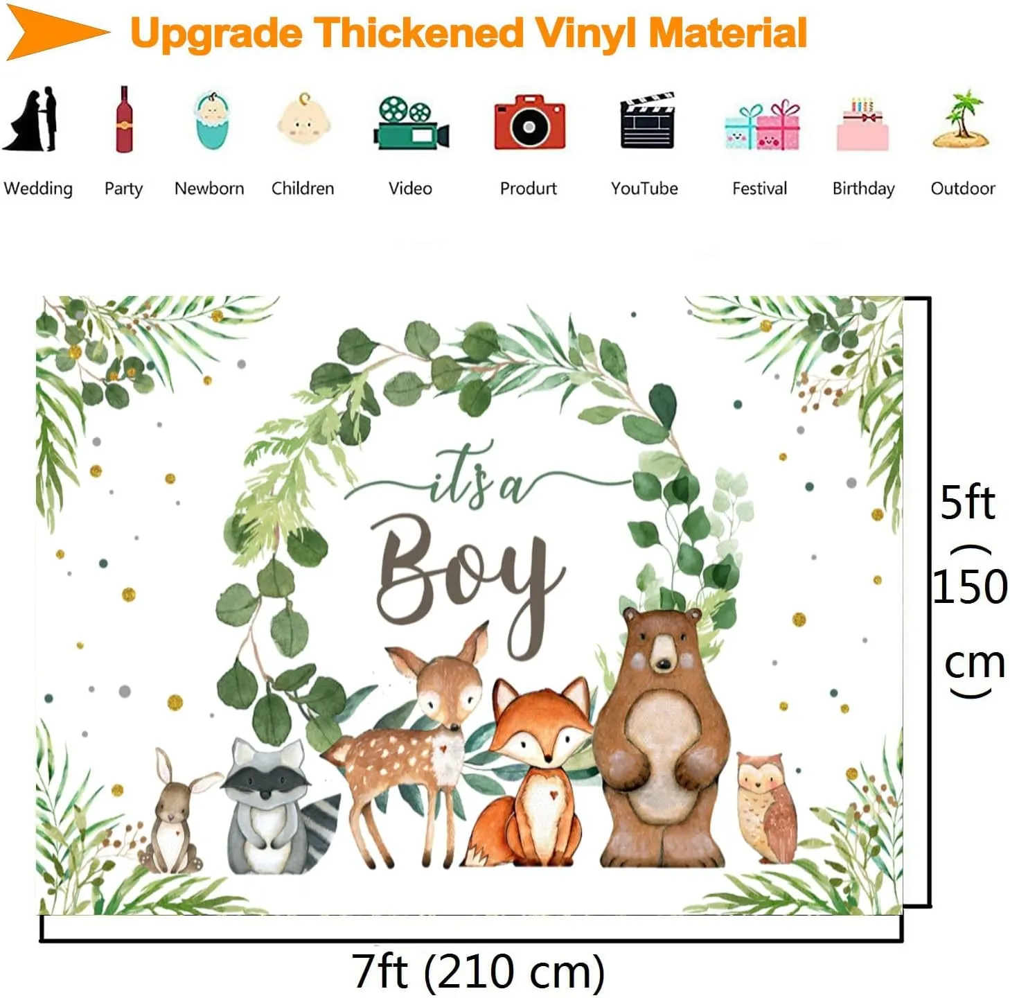 InMemory Woodland Baby Shower Backdrop It's a Boy BabyShower Decorations,Greenery Baby Shower Background Woodland Creatures Jungle Safari Animal Boy BabyShower Party Banner PhotoBooth Supplies 7x5ft