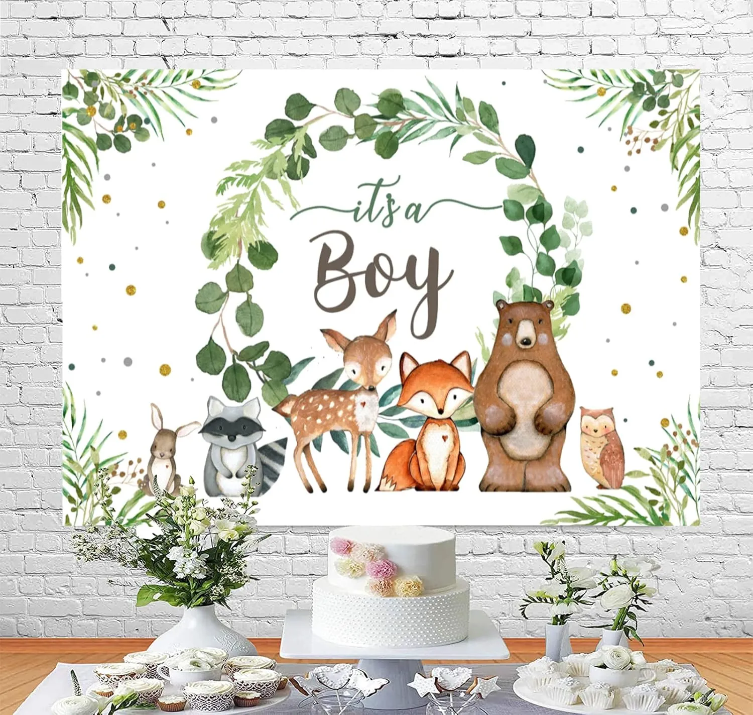 InMemory Woodland Baby Shower Backdrop It's a Boy BabyShower Decorations,Greenery Baby Shower Background Woodland Creatures Jungle Safari Animal Boy BabyShower Party Banner PhotoBooth Supplies 7x5ft