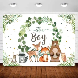 InMemory Woodland Baby Shower Backdrop It's a Boy BabyShower Decorations,Greenery Baby Shower Background Woodland Creatures Jungle Safari Animal Boy BabyShower Party Banner PhotoBooth Supplies 7x5ft
