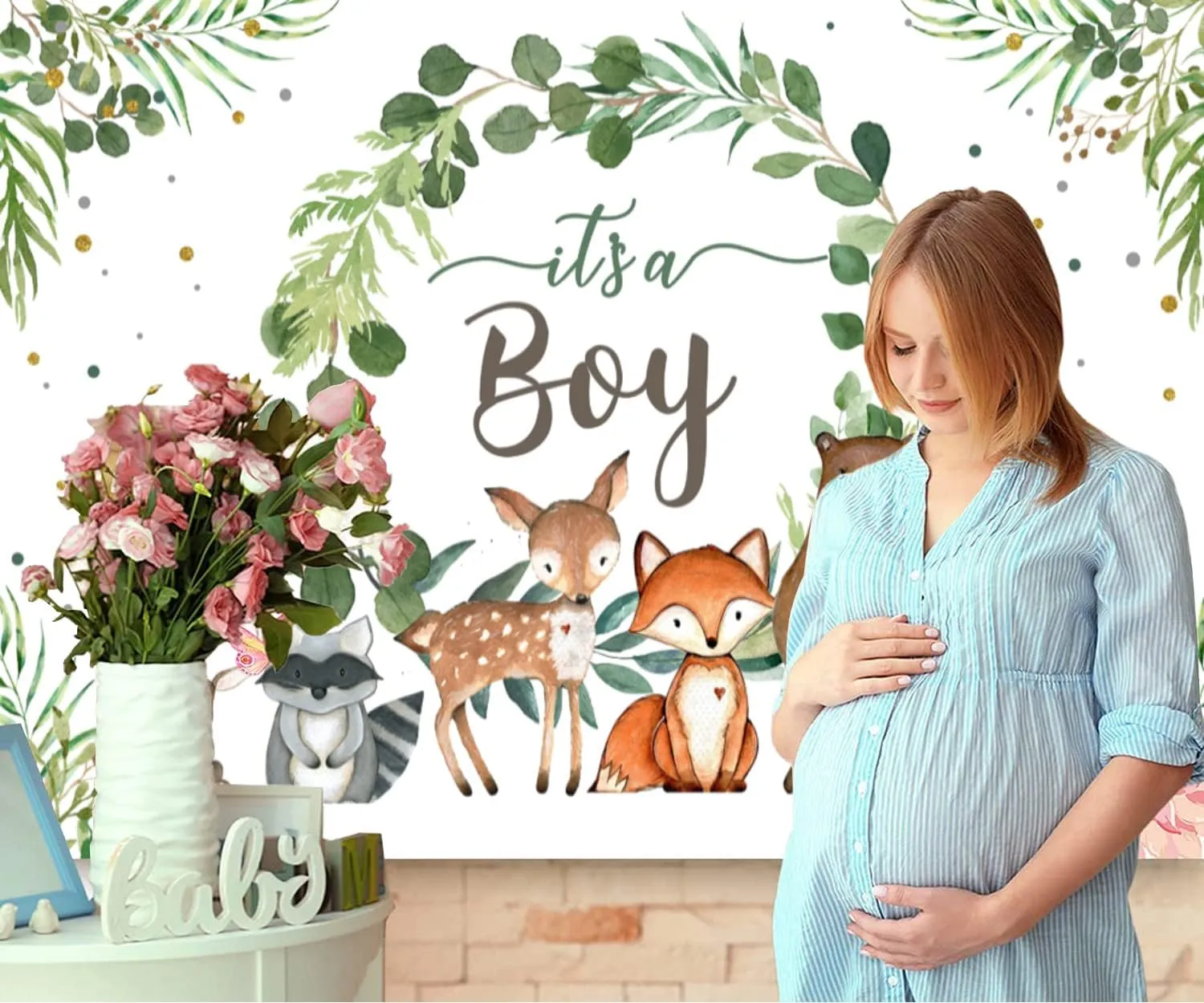 InMemory Woodland Baby Shower Backdrop It's a Boy BabyShower Decorations,Greenery Baby Shower Background Woodland Creatures Jungle Safari Animal Boy BabyShower Party Banner PhotoBooth Supplies 7x5ft