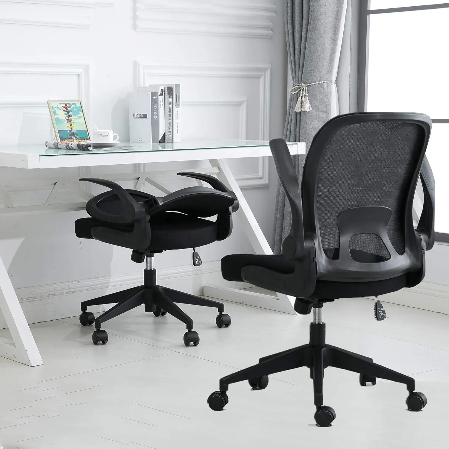 IPKIG Foldable Office Chair - Home Office Desk Chair with Flip-Up Arms and Foldable Backrest, Mesh Computer Chair Executive Office Chair (Black)