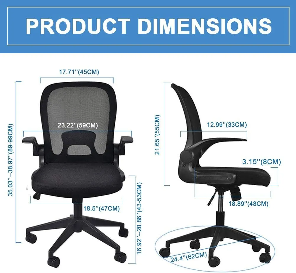IPKIG Foldable Office Chair - Home Office Desk Chair with Flip-Up Arms and Foldable Backrest, Mesh Computer Chair Executive Office Chair (Black)