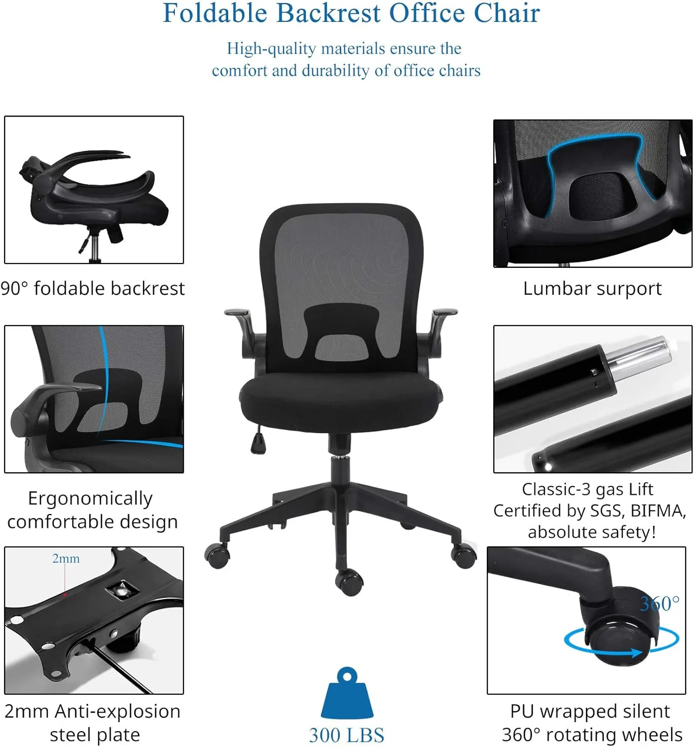 IPKIG Foldable Office Chair - Home Office Desk Chair with Flip-Up Arms and Foldable Backrest, Mesh Computer Chair Executive Office Chair (Black)