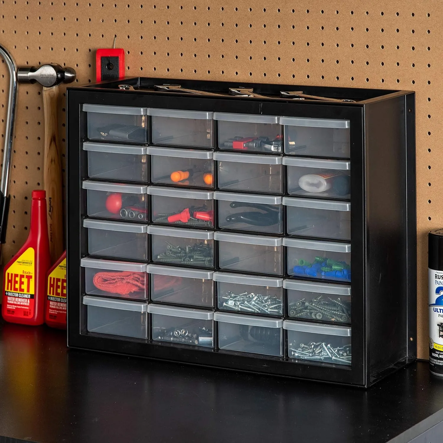 IRIS USA Plastic Drawer Storage Organizer, 24-Drawer Teacher Toolbox Bead Small Parts Organizer Cabinet for Hardware Crafts Nuts Bolts Tools Sticker Home Business Scrapbook Art Hobby Garage - Black