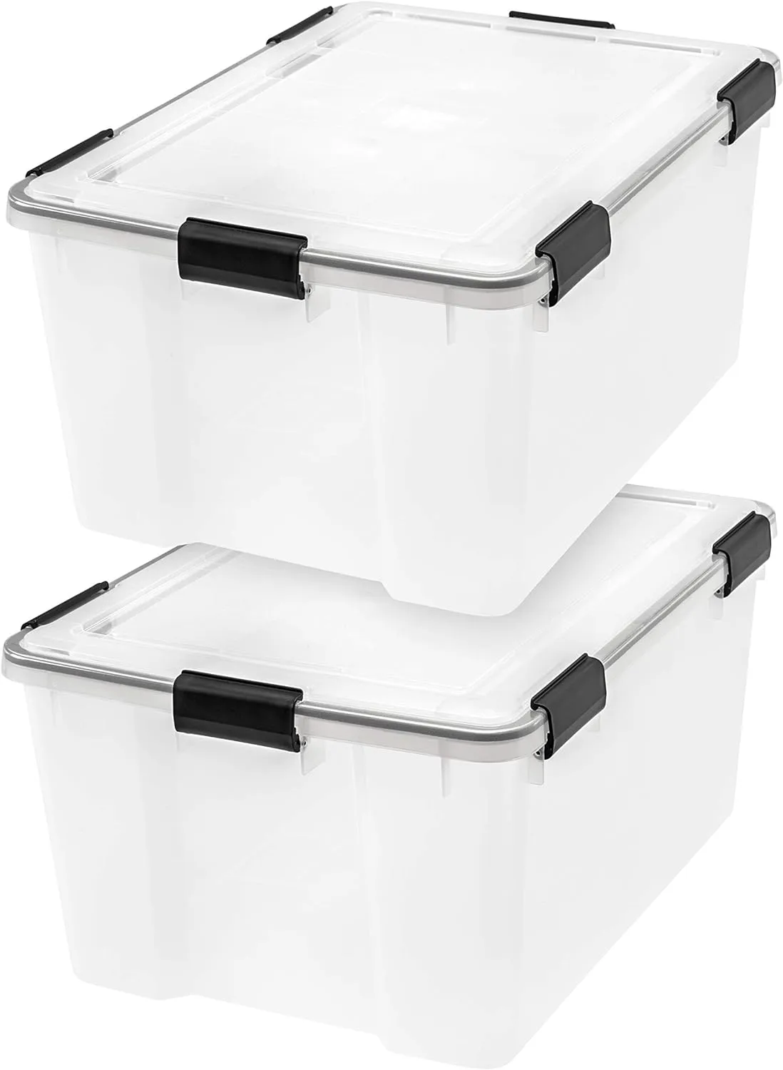 IRIS USA WeatherPro 63 Qt Storage Bins with Lids, 2 Pack, BPA-Free Plastic Gasket Box with Tight Latch and Seal, Stackable Nestable Tote Tub - Clear/Black