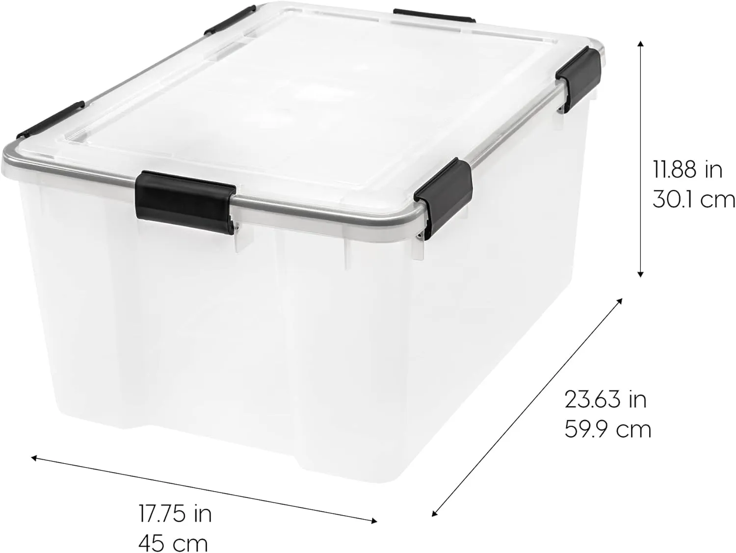 IRIS USA WeatherPro 63 Qt Storage Bins with Lids, 2 Pack, BPA-Free Plastic Gasket Box with Tight Latch and Seal, Stackable Nestable Tote Tub - Clear/Black