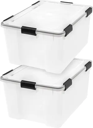 IRIS USA WeatherPro 63 Qt Storage Bins with Lids, 2 Pack, BPA-Free Plastic Gasket Box with Tight Latch and Seal, Stackable Nestable Tote Tub - Clear/Black