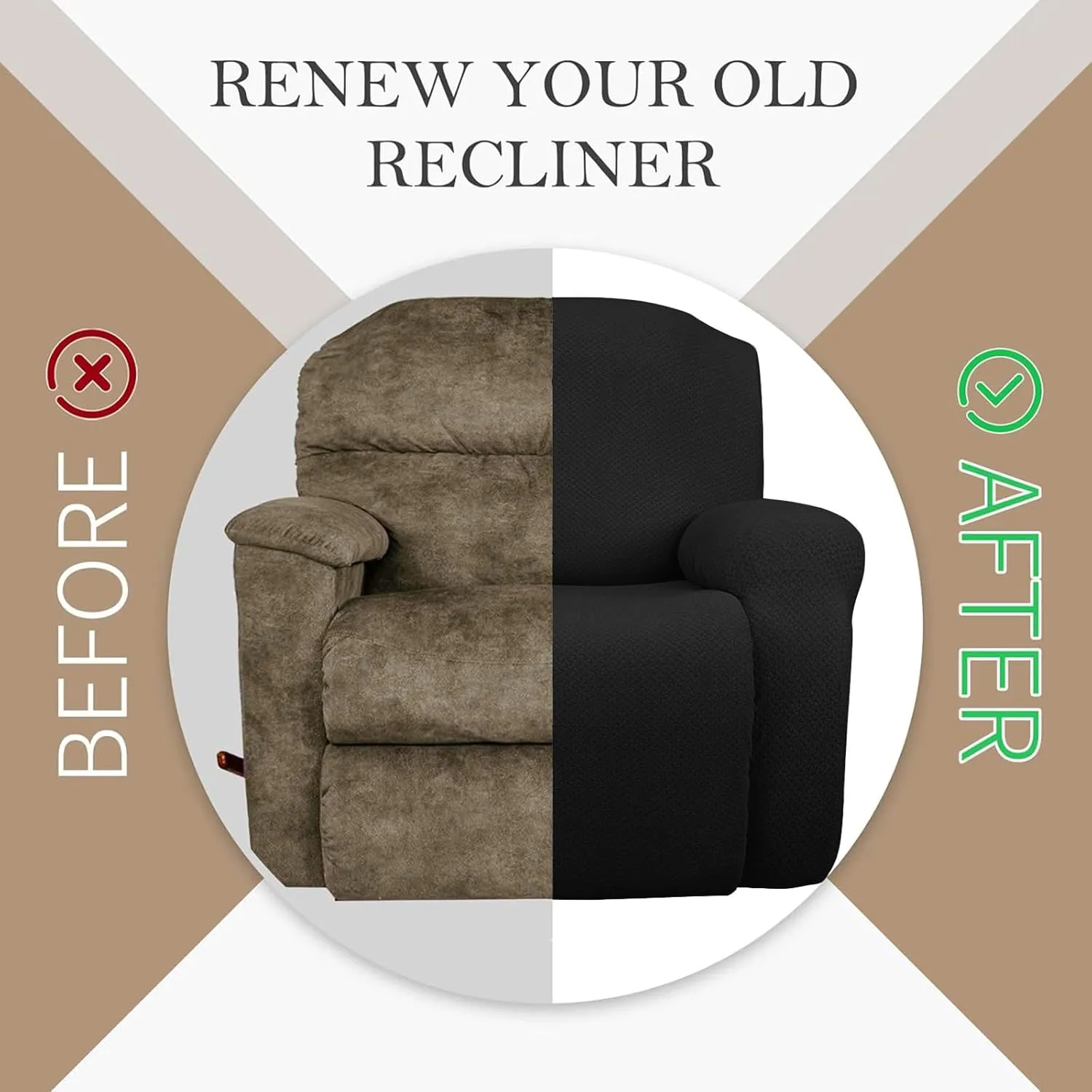 JIVINER 4-Piece Recliner Chair Covers Stretch Jacquard Covers for Recliner Chair Recliner Slipcovers for Living Room Soft Recliner Protector with Pocket (Recliner, Black)