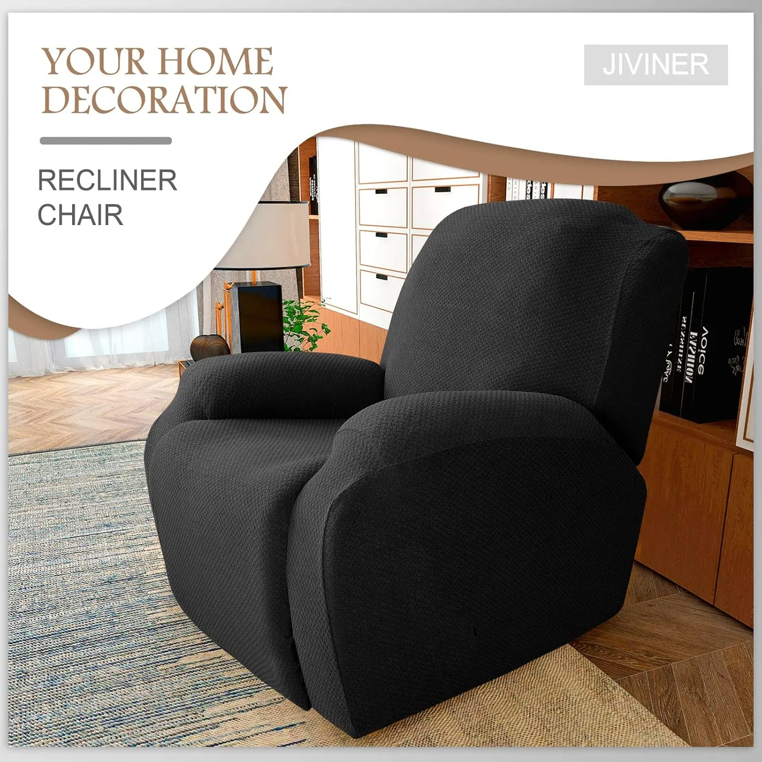 JIVINER 4-Piece Recliner Chair Covers Stretch Jacquard Covers for Recliner Chair Recliner Slipcovers for Living Room Soft Recliner Protector with Pocket (Recliner, Black)