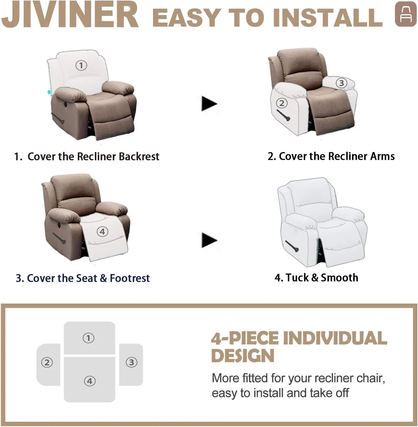 JIVINER 4-Piece Recliner Chair Covers Stretch Jacquard Covers for Recliner Chair Recliner Slipcovers for Living Room Soft Recliner Protector with Pocket (Recliner, Black)