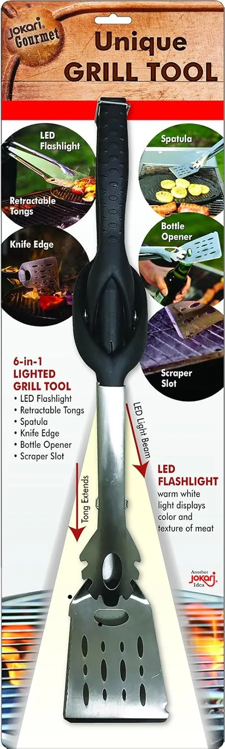 Jokari Pro Grade 6 in 1 Lighted Grill Tool. All in One Cooking Utensil Includes Easy Grip Handle, Spatula, Adjustable Tongs, Knife Blade, Scraper, Bottle Opener and LED Flashlight for Night Grilling.