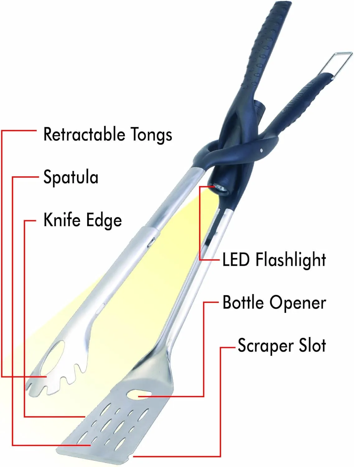 Jokari Pro Grade 6 in 1 Lighted Grill Tool. All in One Cooking Utensil Includes Easy Grip Handle, Spatula, Adjustable Tongs, Knife Blade, Scraper, Bottle Opener and LED Flashlight for Night Grilling.