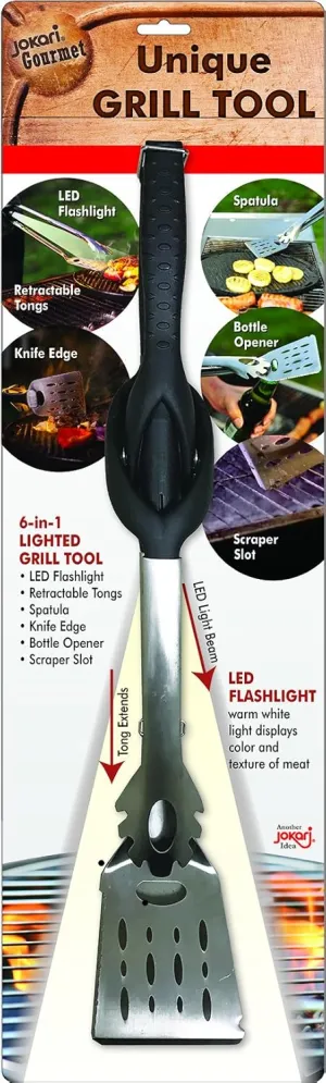 Jokari Pro Grade 6 in 1 Lighted Grill Tool. All in One Cooking Utensil Includes Easy Grip Handle, Spatula, Adjustable Tongs, Knife Blade, Scraper, Bottle Opener and LED Flashlight for Night Grilling.