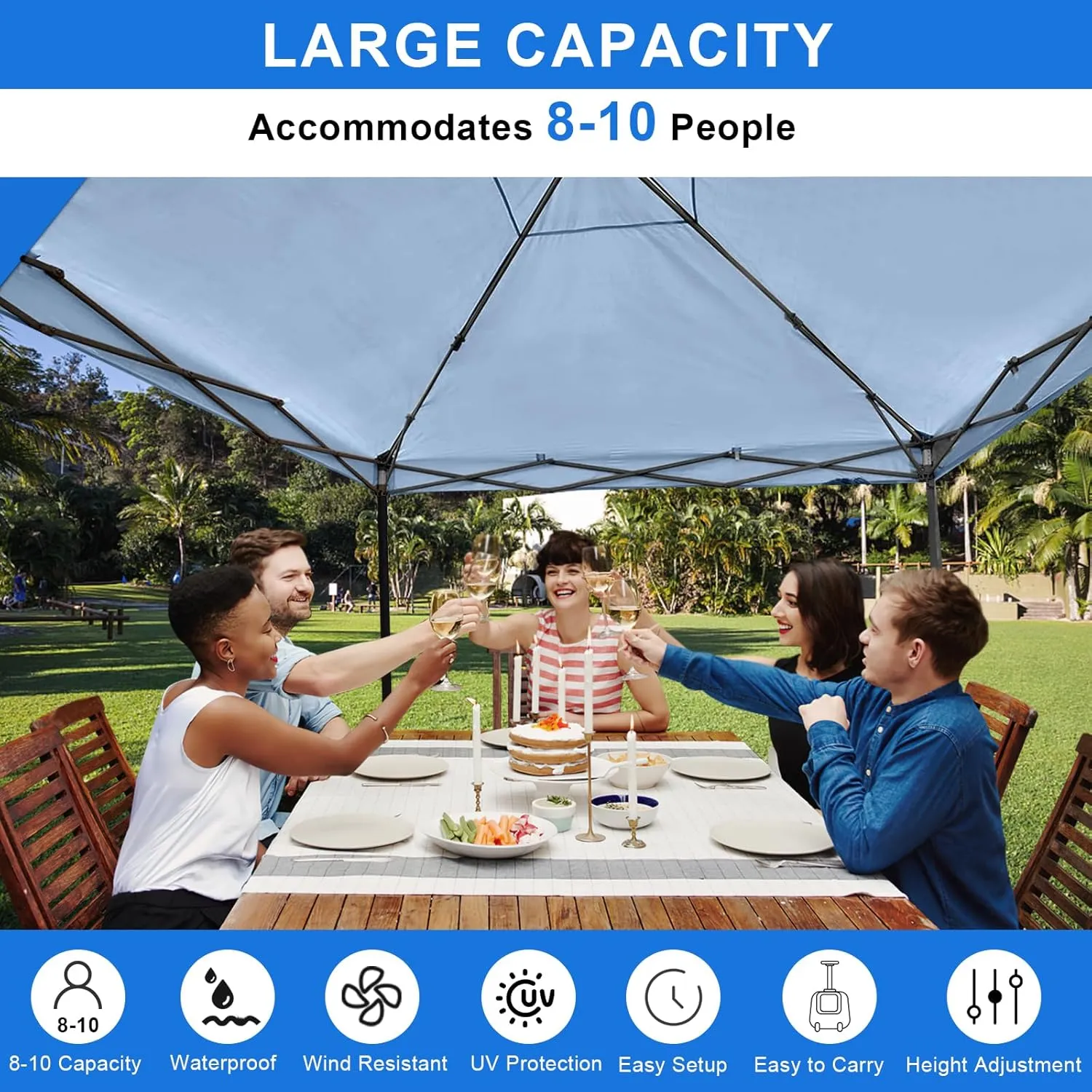 KAMPKEEPER 10x10 Pop Up Canopy Tent with Sidewall - Easy Setup Sun Shelter, Outdoor Shade with Vented Roof for Backyard | UV & Rain Portable Instant Camping Beach Canopy Tents (Light Blue)