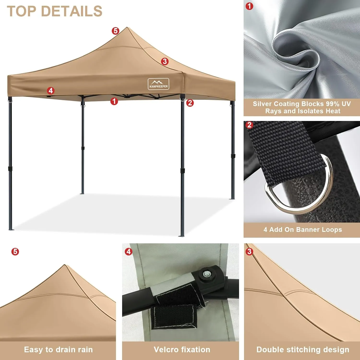 KAMPKEEPER Canopy Replacement Top, 10 x 10 Pop Up Canopy Top Cover for Canopy Straight Leg Tent,PU-Coated 500D Polyester,UP F50  UV Protection,Flame Resistant and Waterproof(Top Only) (Khaki)