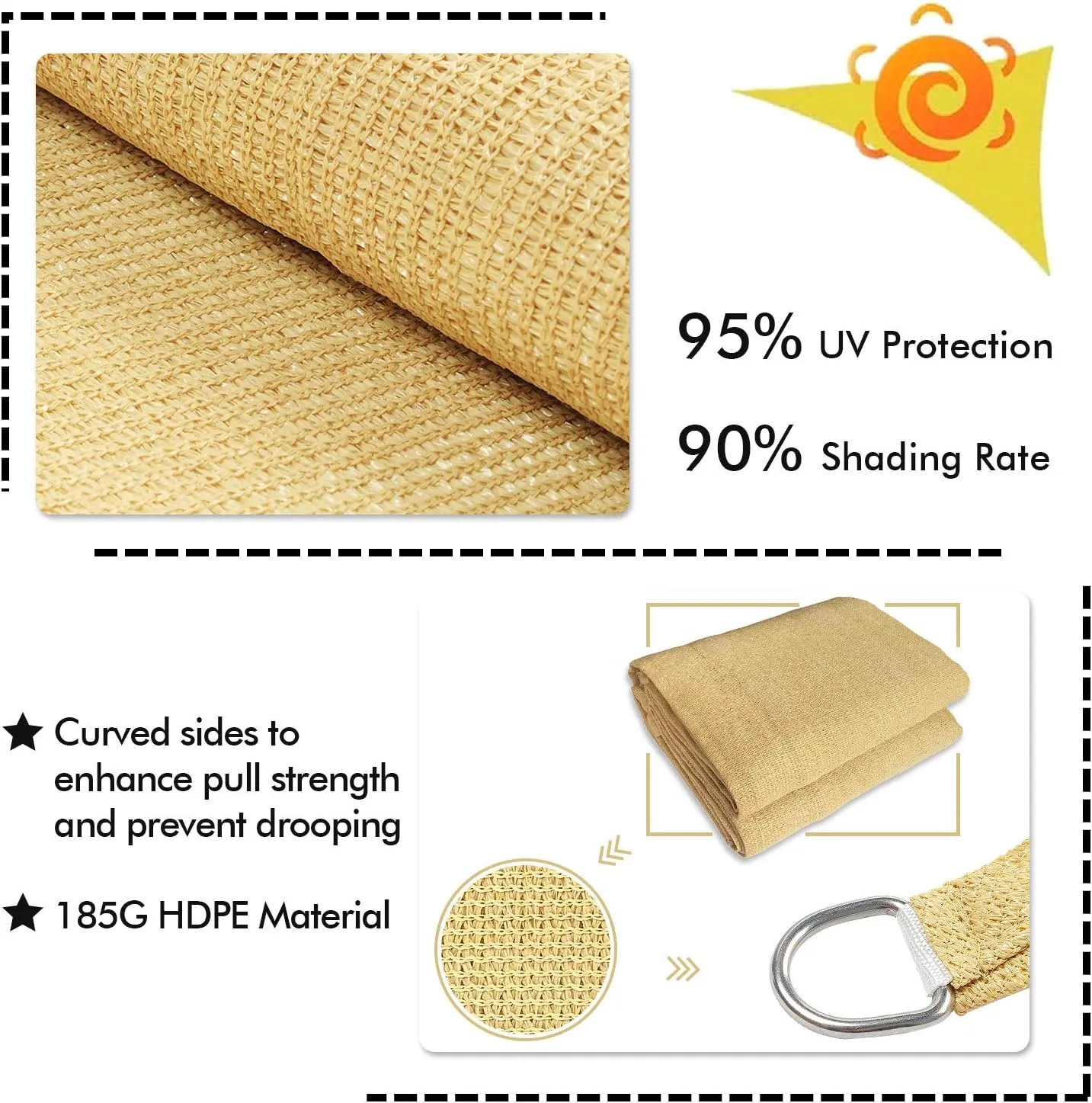 KANAGAWA Sun Shade Sail 12'x16' Sand Rectangle UV Block Canopy Awning Shelter Fabric Cloth Screen for Outdoor Patio Garden Backyard Activities