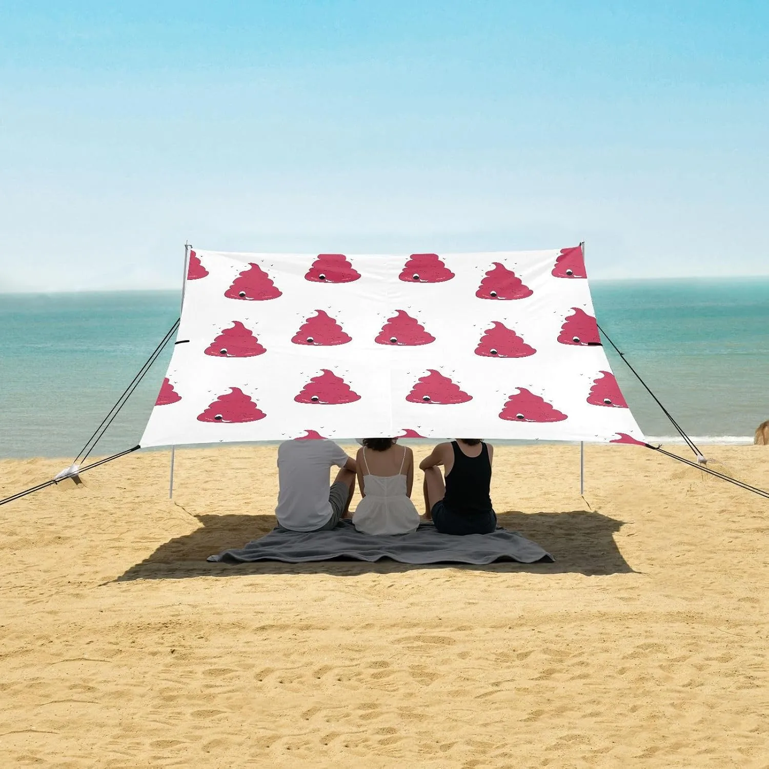 Kawaii Red Poop Beach Canopy Tent Anti-UV & Wind Resistant, Camping Sun Shelter Easy Setup Portable,Outdoor Shade Tents with Sandbags,Sand Shovels,Ground Pegs & Stability Poles