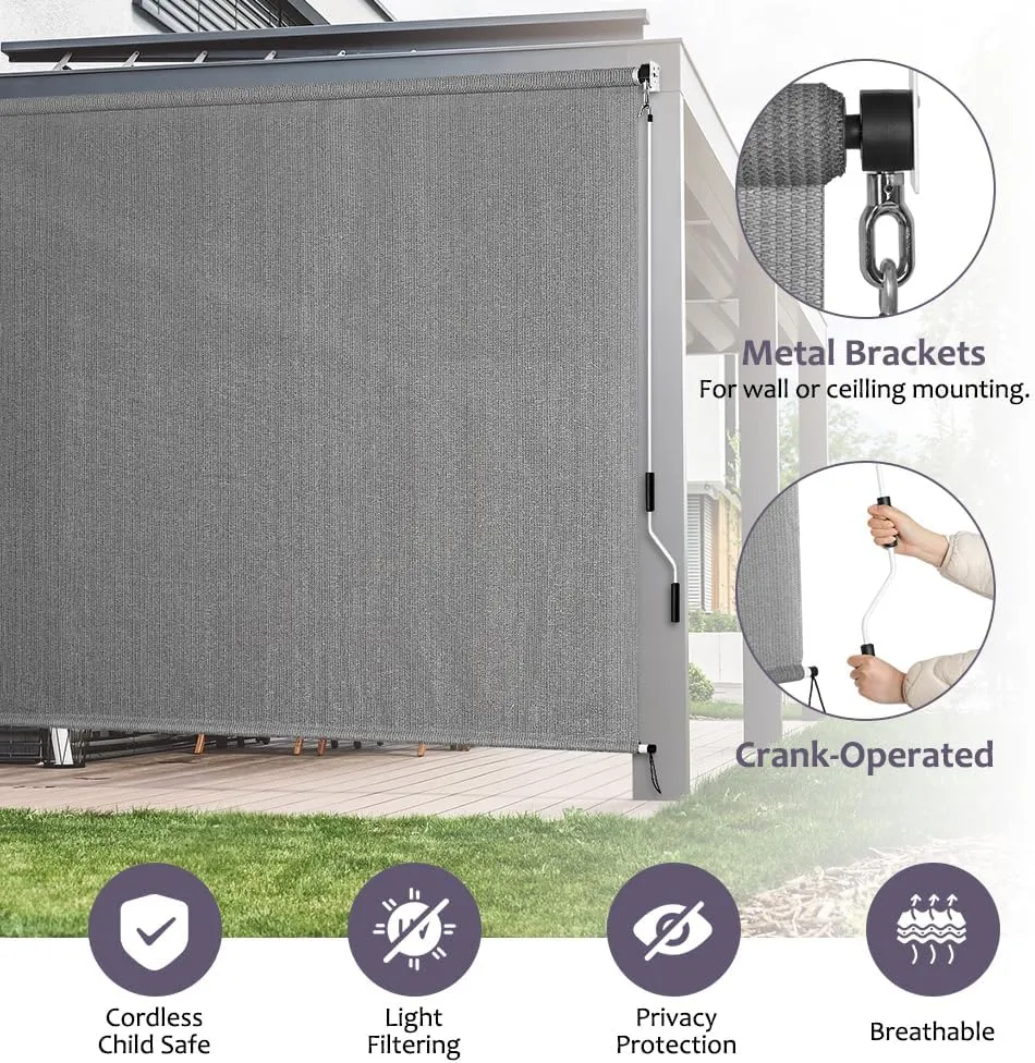 KELIXU Patio Shades Roll Up Outdoor Blind, 4’ W x 6’ H Cordless Sun Shade Privacy Screen with 90% UV Protection Exterior Roller Shade Cloth for Porch Pergola Backyard Windows Balcony, Gray