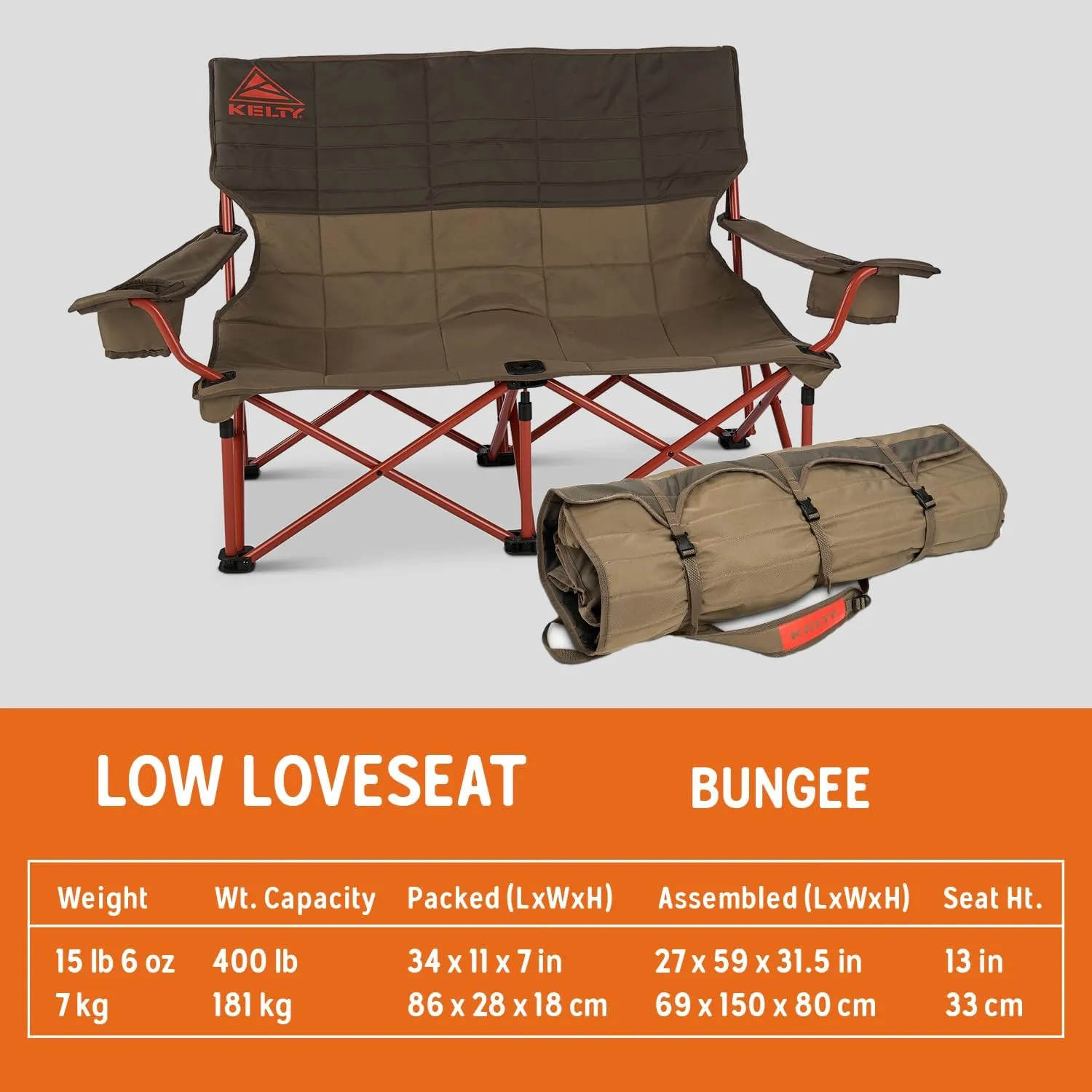 Kelty Low Loveseat Double 2 Person Camping Chair, Two Person Foldable Seat for Festivals, Concerts, Tailgates, Beach Days, Low Seat Height