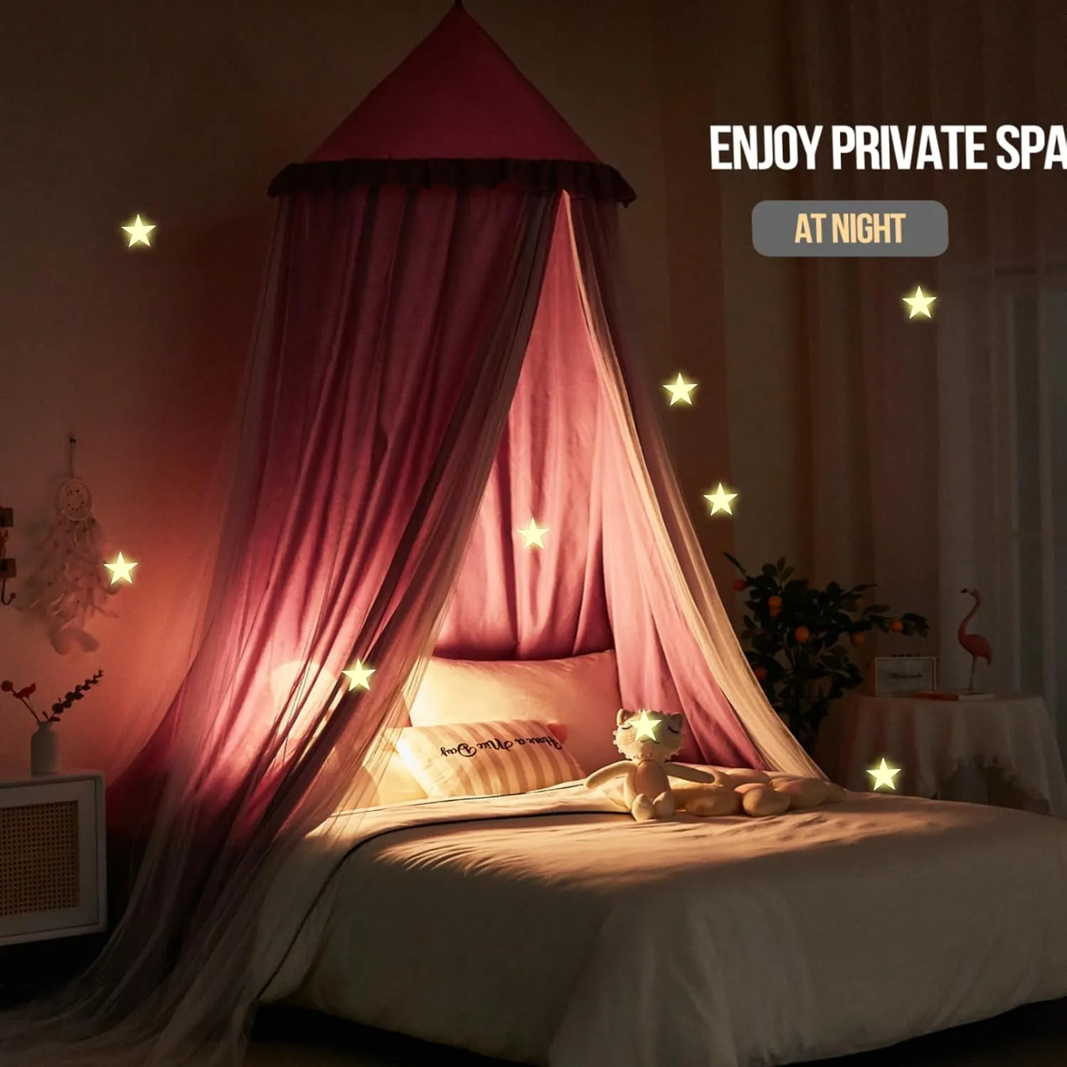Kertnic Large Dome Bed Canopy for Kids Room Double Layer Mosquito Net, Hanging Play Tent Children Reading Nook Canopies, Princess Castle Dreamy Bedding for Girls Room House Décor (Dark Magenta-purple)