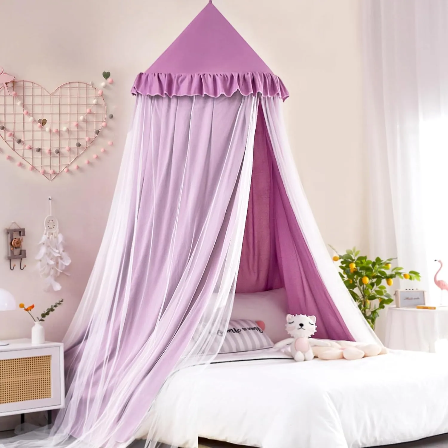 Kertnic Large Dome Bed Canopy for Kids Room Double Layer Mosquito Net, Hanging Play Tent Children Reading Nook Canopies, Princess Castle Dreamy Bedding for Girls Room House Décor (Dark Magenta-purple)
