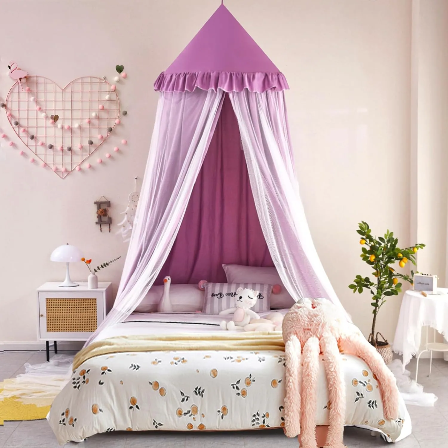 Kertnic Large Dome Bed Canopy for Kids Room Double Layer Mosquito Net, Hanging Play Tent Children Reading Nook Canopies, Princess Castle Dreamy Bedding for Girls Room House Décor (Dark Magenta-purple)