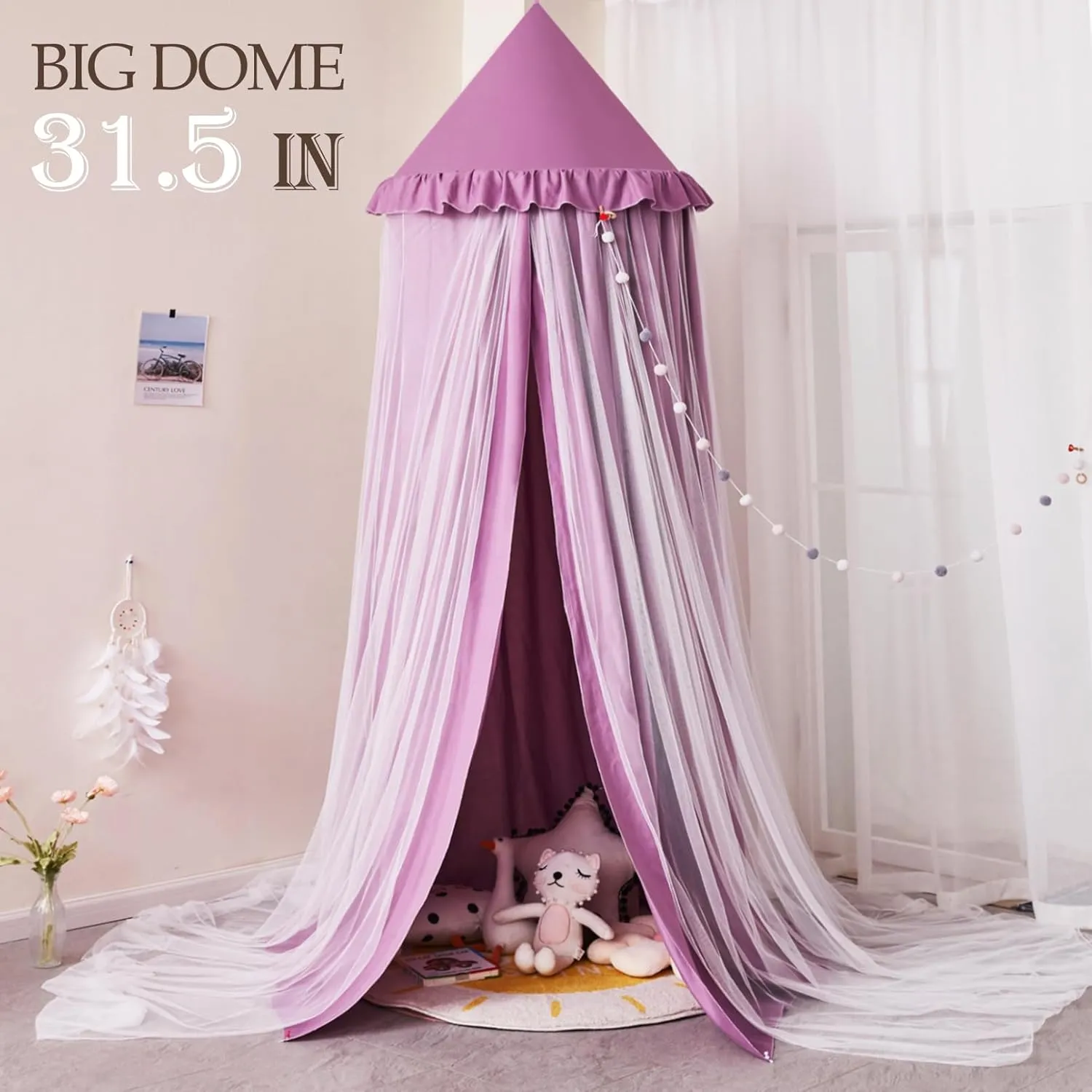 Kertnic Large Dome Bed Canopy for Kids Room Double Layer Mosquito Net, Hanging Play Tent Children Reading Nook Canopies, Princess Castle Dreamy Bedding for Girls Room House Décor (Dark Magenta-purple)