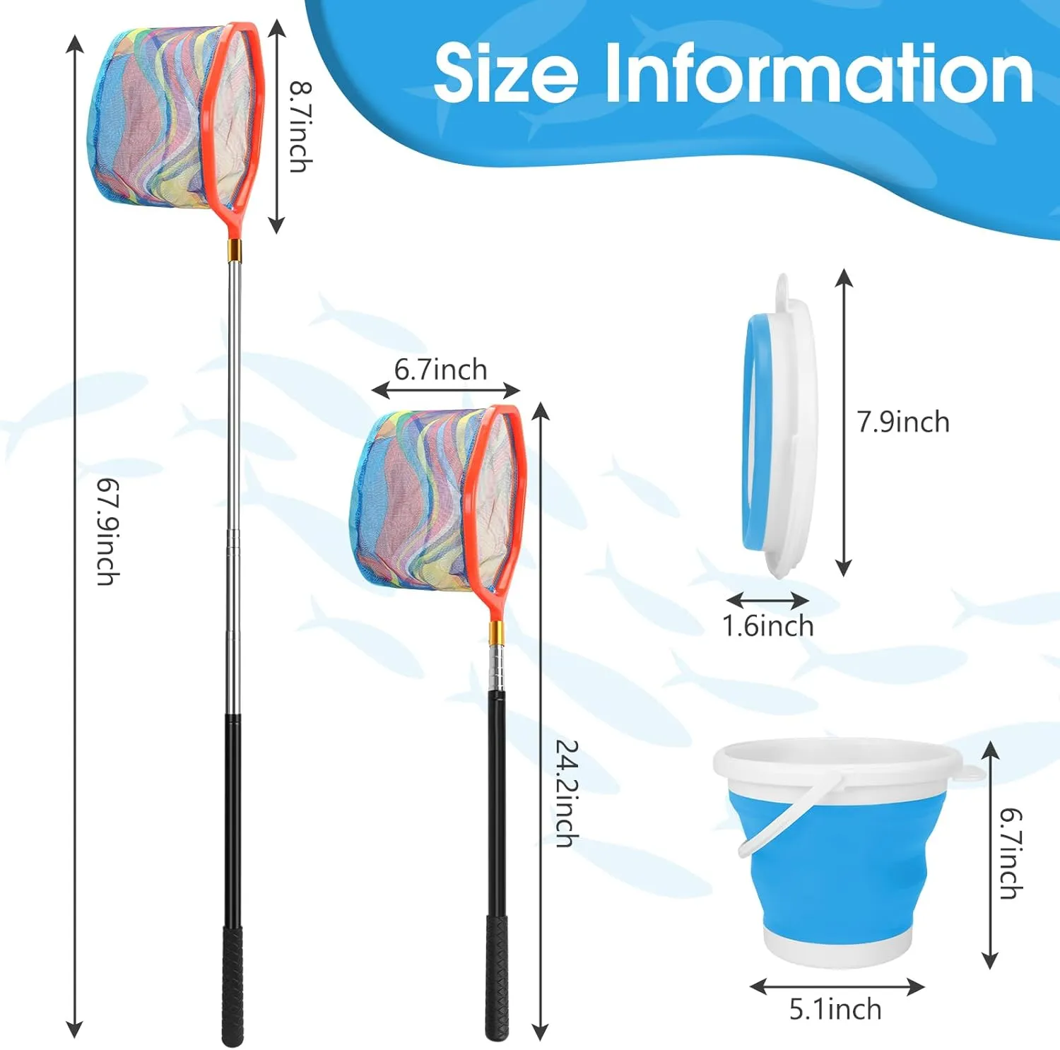 Kids Fishing Net, 2 Pack Telescopic Fishing Landing Net with Aluminum Pole Handle for Kids, Collapsible Bucket Kids Sand Pail, Fishing Net Butterfly Nets for Kids, Outdoor Playing