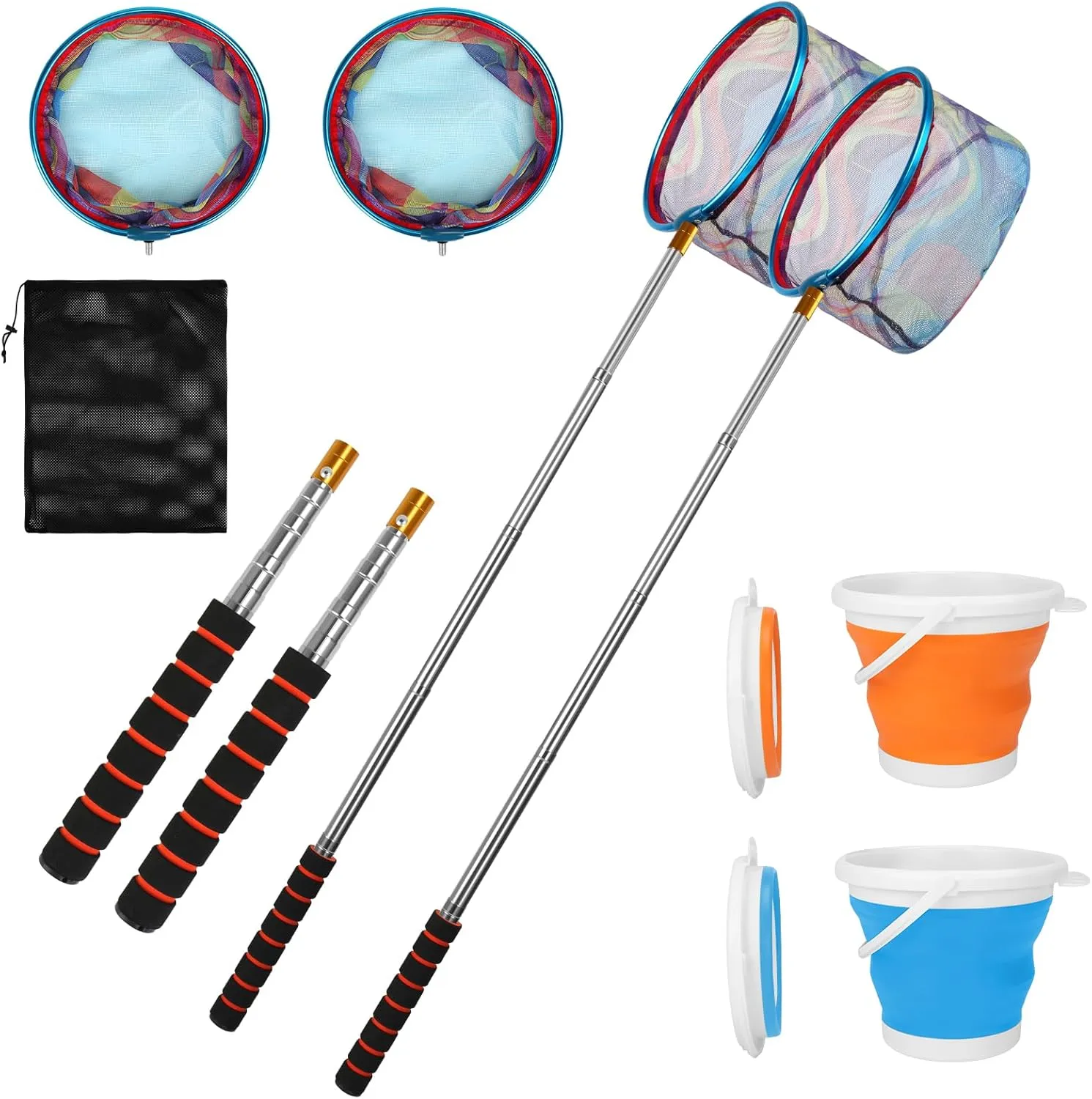 Kids Fishing Net, 2 Pack Telescopic Fishing Landing Net with Aluminum Pole Handle for Kids, Collapsible Bucket Kids Sand Pail, Fishing Net Butterfly Nets for Kids, Outdoor Playing