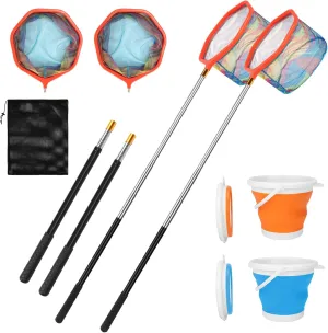 Kids Fishing Net, 2 Pack Telescopic Fishing Landing Net with Aluminum Pole Handle for Kids, Collapsible Bucket Kids Sand Pail, Fishing Net Butterfly Nets for Kids, Outdoor Playing