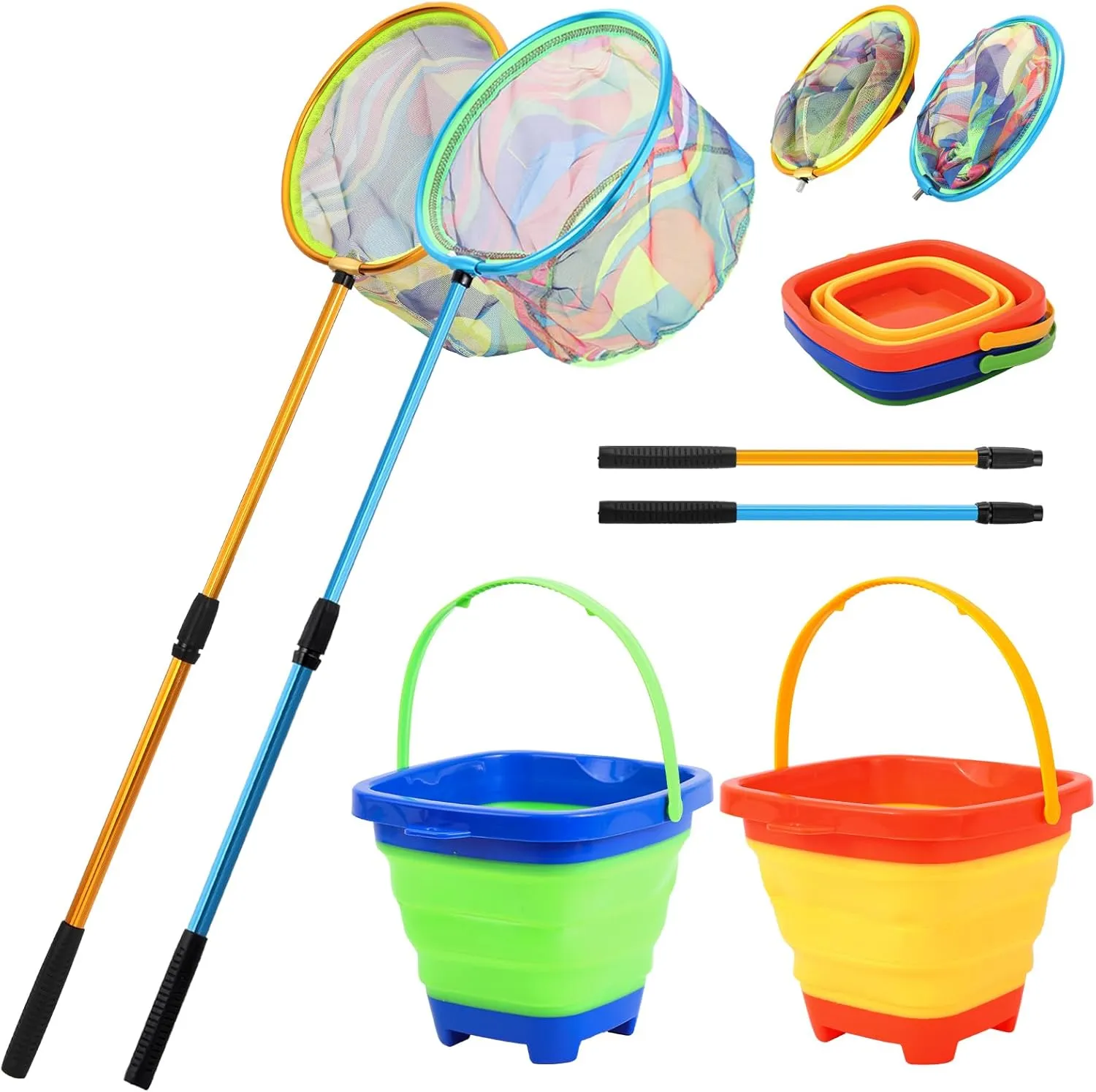 Kids Fishing Net, 2 Pack Telescopic Landing Nets with Aluminum Pole Handle, Collapsible Bucket Sand Pail, Butterfly Net, Fishing Net for Youth, Outdoor Playing