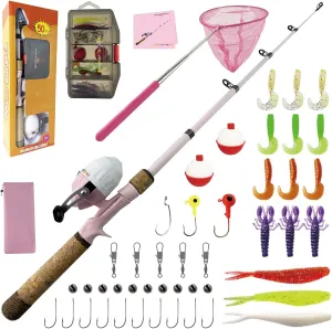 Kids Fishing Pole Set, Kids Fishing Rod and Reel Combo and Fishing Net Tackle Box with Fishing Lures Hooks and Bag for Girls Age Beginner Little Children Junior Anglers