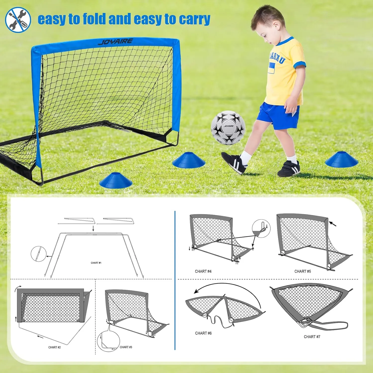 Kids Soccer Goals for Backyard Set, Portable Toddler Soccer Goal 2 of 4x3 ft, 6x4 ft, 7x5 ft, Soccer Training Equipment, Pop Up Soccer Net Kit with Size 4 Soccer Ball, Youth Games, Outdoor Sports Play