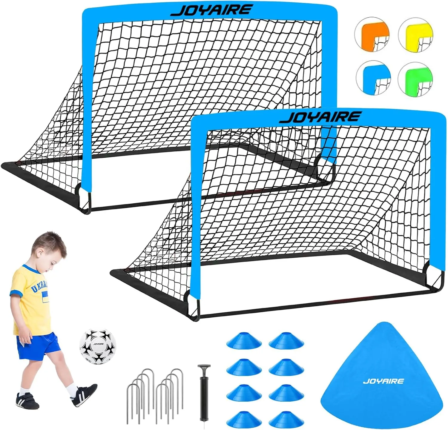 Kids Soccer Goals for Backyard Set, Portable Toddler Soccer Goal 2 of 4x3 ft, 6x4 ft, 7x5 ft, Soccer Training Equipment, Pop Up Soccer Net Kit with Size 4 Soccer Ball, Youth Games, Outdoor Sports Play
