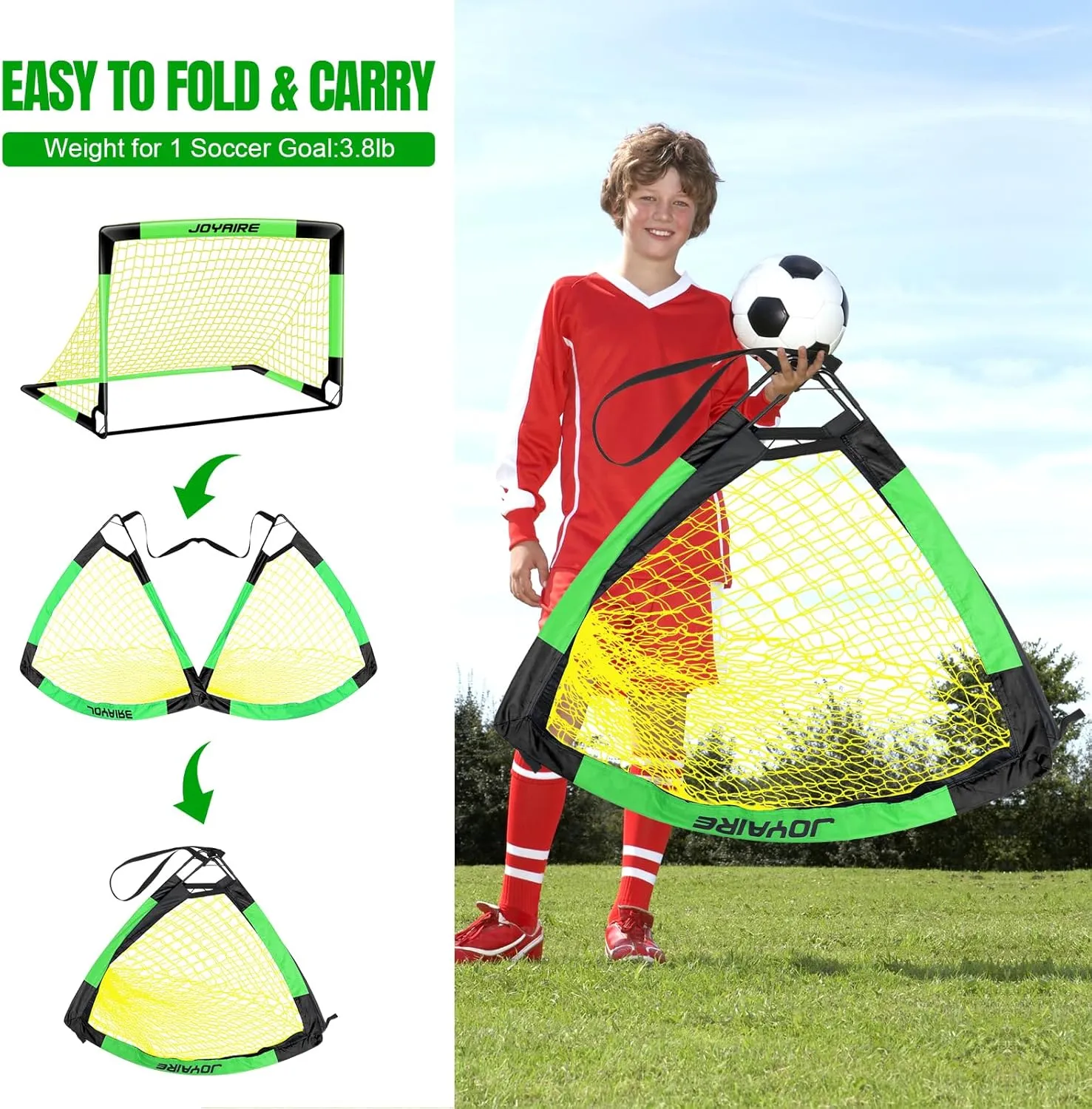 Kids Soccer Goals for Backyard Set, Portable Toddler Soccer Goal 2 of 6x4 ft, 4x3 ft, 7x5 ft, Soccer Training Equipment, Pop Up Soccer Net Kit with Size 4 Soccer Ball, Outdoor Sports Play, Youth Game