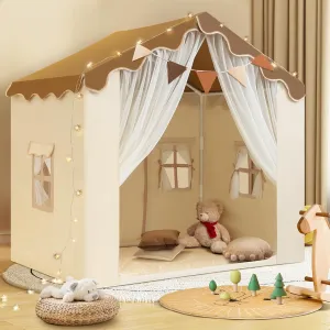 Kids Tent with Padded Mat Kids Playhouse Tent 2 in 1, Kids Play Tent Large Space Indoor with 2 Doors and 4 Windows for Girls Boys with Stars Lights, Carry Bag, Banner Flag (Brown, 2 in 1)