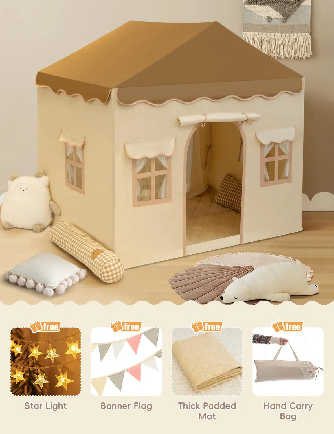 Kids Tent with Padded Mat Kids Playhouse Tent 2 in 1, Kids Play Tent Large Space Indoor with 2 Doors and 4 Windows for Girls Boys with Stars Lights, Carry Bag, Banner Flag (Brown, 2 in 1)